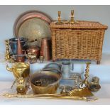 A collection of antique metal ware to include spirit kettle, lantern clock, various candlesticks and