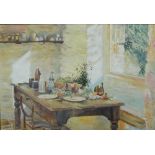 Caroline Sykes (20th century British) - Interior scene with pine table, watercolour on paper, 44.5 x