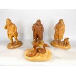 Four good English treen figures to include and old war veteran, with trench coat and war medals,