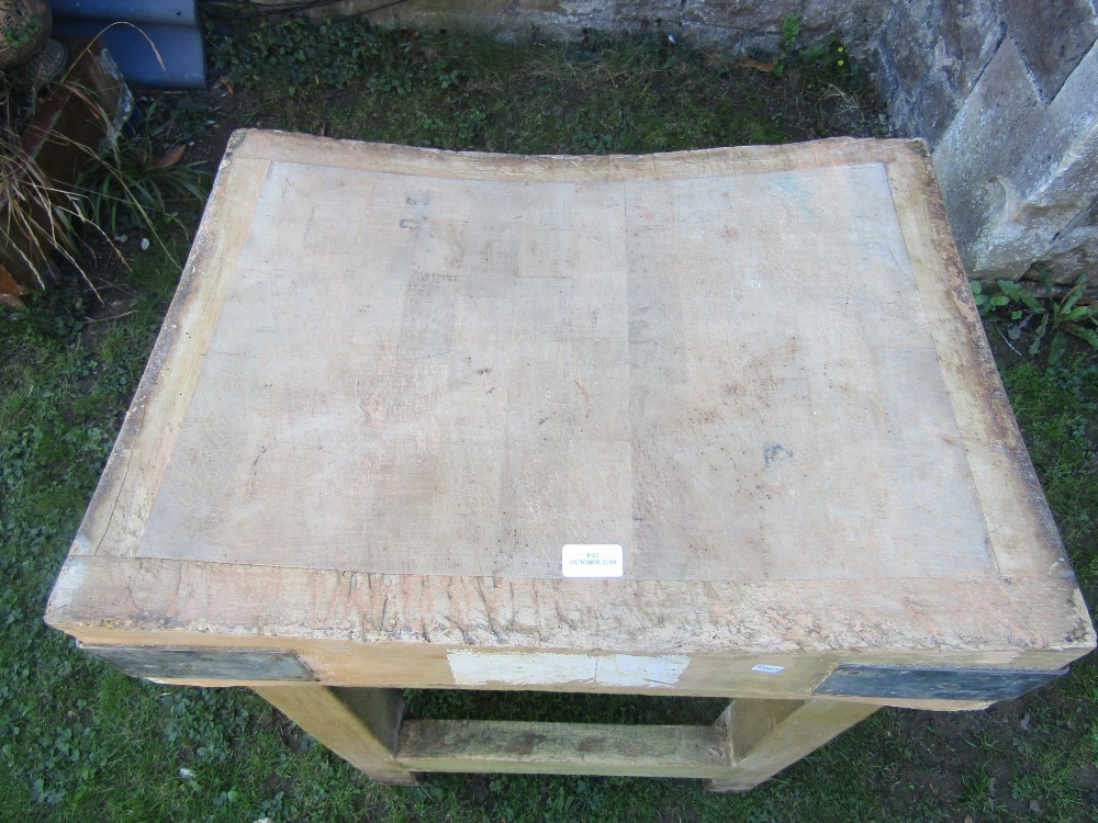 A vintage small beechwood butchers block and stand of square cut form united by stretchers, the - Image 2 of 2