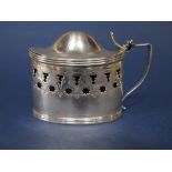 George III silver oval lidded mustard with original blue glass liner, the bowl pierced with star and