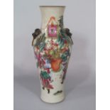 A Satsuma type table lamp base with polychrome painted male warrior decoration, with moulded