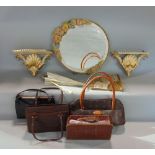 A mixed ladies lot to include a collection of vintage handbags, a brize fan, an ivory handled