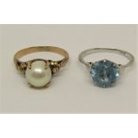 Two gold dress rings; a 14k pearl set example and a 9ct white gold blue spinel example, both size