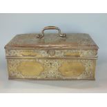 interesting eastern brass casket/money box with applied brass strap work decoration, 28cm wide