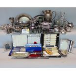 Three boxes containing a large collection of silver plate to include flatware, teawares, etc
