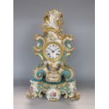 Sevres style porcelain Rococo mantle clock and stand with twin train silvered dial with a