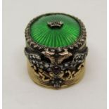 In the manner of Faberge - fine quality 14ct pill box, the hinged lid with green guilloche enamel
