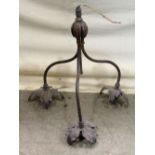 An art nouveau/crafts brass three branch hanging ceiling light/electrolier with foliate detail