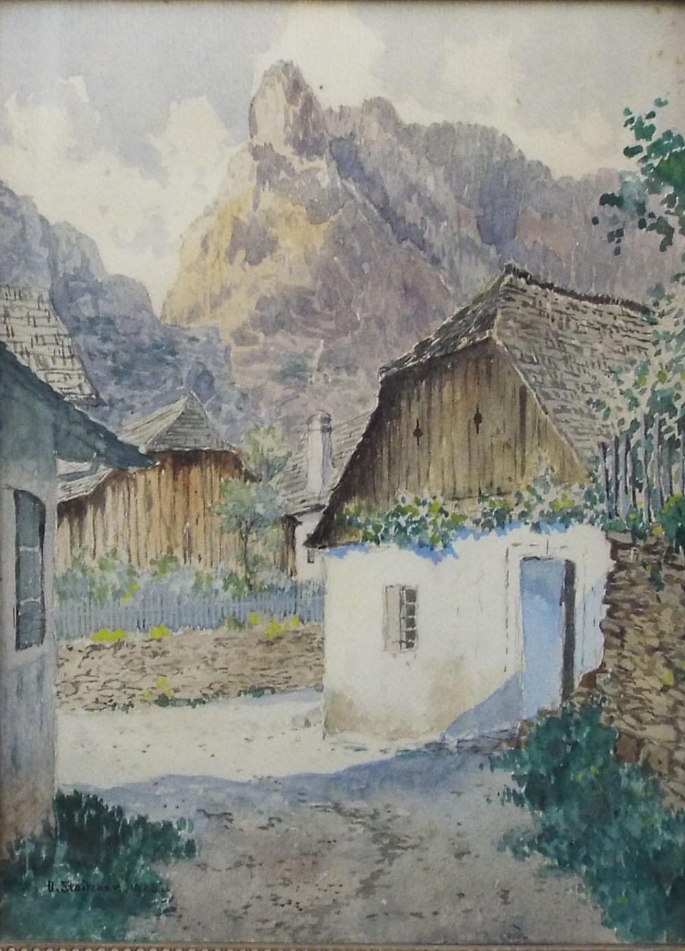 O Staitzner (20th century continental school) - Mountainous view, watercolour and bodycolour on