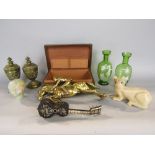 A box of interesting items to include a pair of Mary Gregory glass vases, mother of pearl inlaid