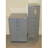 A light steel floor standing filing cabinet enclosing a tower of 10 index drawers of varying