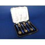 Cased set of six, possibly Scandinavian, 925 white metal gilt and guilloche enamel coffee spoons,