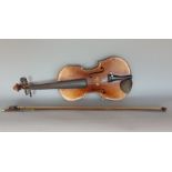 Cased 19th century unlabelled violin with bow