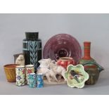 An interesting collection of ceramics and glassware including a French crackle glazed pottery
