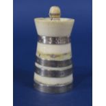 Silver banded ivory pepper grinder, maker Henry Bourne, Birmingham 1903, 10cm high