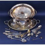 A mixed collection of silver and silver plate to include a silver lidded glass scent jar and
