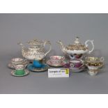 A collection of decorative 19th century teawares including turquoise ground Minton cabinet cup and