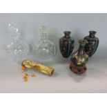 A mixed lot to include three small cloisonné vases, together with two squat cut glass lidded