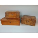 Three 19th century desk top boxes, two with marquetry inlay and one other (af) (3)