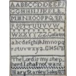 A 19th century cross stitch sampler by Mary Stanley of Salop, dated 1872, 26.5 x 20cm, in oak framed