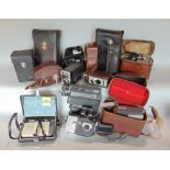 A box of vintage camera and optical equipment to include Yasitica 8, Fujica 8 T3 and others (a
