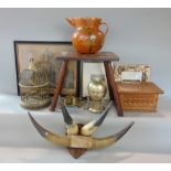 A mixed collection of interesting items to include an oak milking stool, a faux bird in cage, a horn