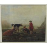 Early 19th century British school, landscape with rustic figures and cattle, watercolour on paper,