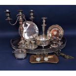 A mixed collection of silver plate to include a good twin handled gallery tray together with a
