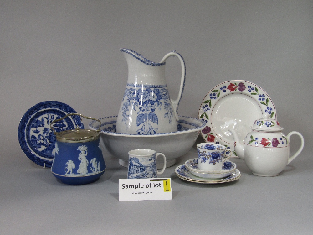 A collection of 19th century and later blue and white printed ceramics including a jug and basin set