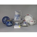 A collection of 19th century and later blue and white printed ceramics including a jug and basin set