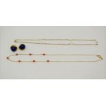 Group of 9ct jewellery comprising two similar necklaces interspersed with coral beads / pearls and a