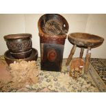A mixed collection of Old English cottage ware comprising three legged stool with dish top, a turned