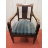 a 19th century continental open armchair with wide vertical splat, down swept arms, upholstered seat