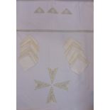 Substantial linen table cloth with crochet lace inserts of the Maltese Cross and further crochet
