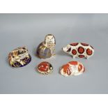 A collection of five Royal Crown Derby paperweights in the Imari pattern, including a Frog, a