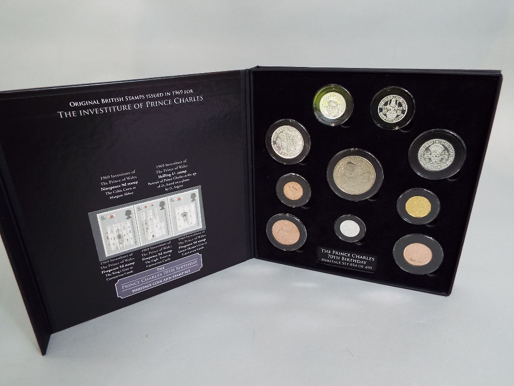 HRH Prince Charles 70th Birthday Heritage coin and stamp set 54/499 and silver proof coin set £5, £2 - Image 3 of 3