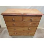 A Victorian stripped pine bedroom chest of two short over three long graduated drawers set on a