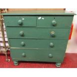 A Victorian pine bedroom chest of two short over three long graduated drawers, raised on turned