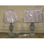 Two similar Nordic style London wooden baluster/urn shaped table lamps with light grey painted