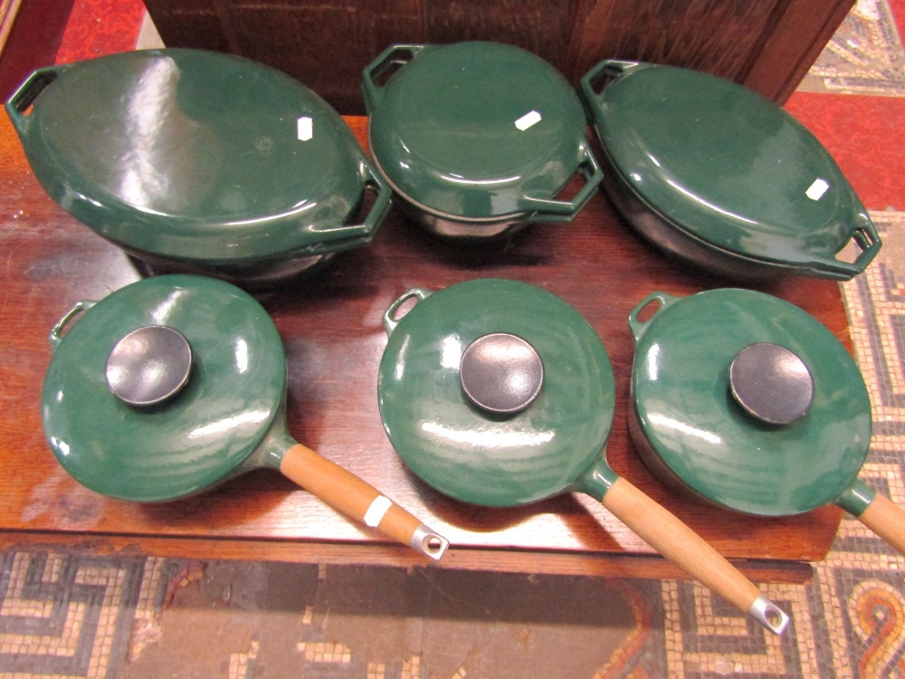 Three good quality, hardly used, Aga cast iron racing green coloured enamelled saucepans with turned - Image 2 of 3