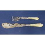 Good quality silver and mother of pearl handled fish serving knife and fork, the blade and fork both
