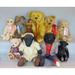 Collection of character toys and teddies including a vintage sheep door stop, in shepherds smock and