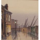 20th century British school - City street scene with cranes and figures, watercolour on paper,