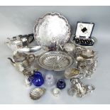 A mixed collection of silver and silver plate to include a silver ashtray, five silver napkin