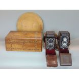 A mixed lot to include 19th century walnut and marquetry inlaid box, two Rollelflex cameras, etc