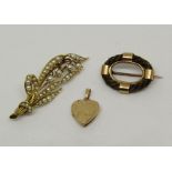 Lily of the valley brooch set with seed pearls, indistinctly marked, 4.5g, together with a 14k heart