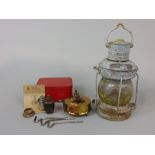 Ships Lantern, inscribed Anchor, with picnic set 'Picnic Wickless on Oil Stove' with instructions (