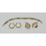 Group of 9ct jewellery comprising a gate link bracelet of geometric design (clasp vacant), pair of