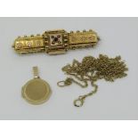 Group of 9ct jewellery comprising a Victorian Etruscan style bar brooch set with seed pearls and a